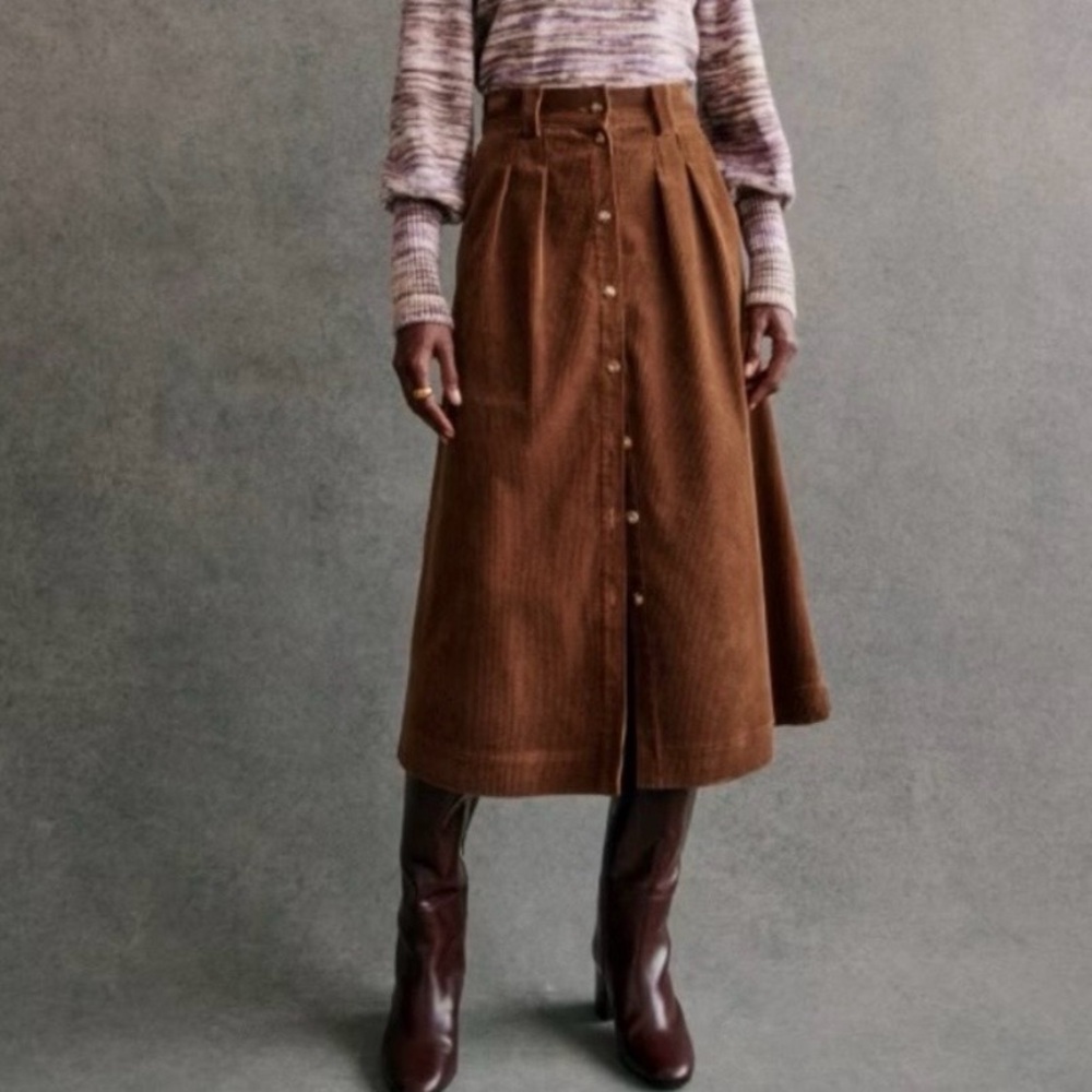 Sezane Clarine Midi Corduroy Skirt Organic Cotton in Caramel Brown EU 46 US 14 - Picture 8 of 8
